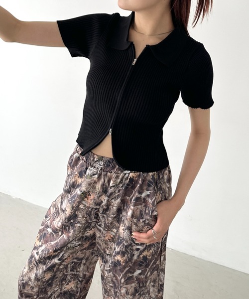 セール】フロントダブルジップリブトップス（Tシャツ/カットソー