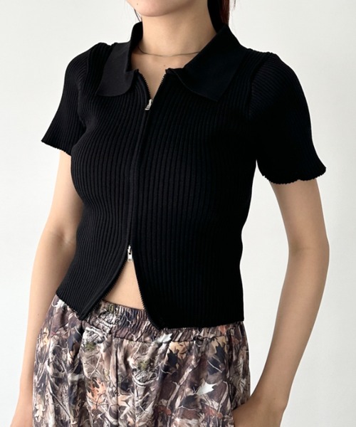 セール】フロントダブルジップリブトップス（Tシャツ/カットソー