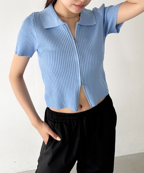 トップス w.w セール】フロントダブルジップリブトップス（Tシャツ/カットソー