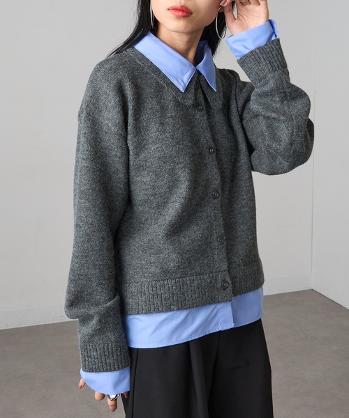MAGASIN DE MODE Onjna(マガジンデモードオンジェナ )の「【MAGASIN DE MODE Onjna】(セットアップ対応) アルパカタッチ シャツドッキングカーディガン レイヤード風 韓国風 DTK(カーディガン/ボレロ・レディース・チャコールグレー/ブラック・FREE)」の2枚目の写真
