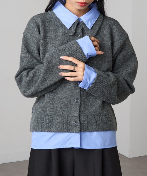 MAGASIN DE MODE Onjna(マガジンデモードオンジェナ )の「【MAGASIN DE MODE Onjna】(セットアップ対応) アルパカタッチ シャツドッキングカーディガン レイヤード風 韓国風 DTK(カーディガン/ボレロ・レディース・チャコールグレー/ブラック・FREE)」の3枚目の写真