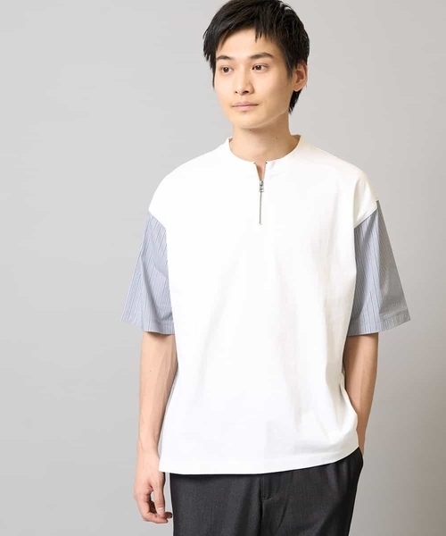 a.v.v（アーヴェヴェ）の「【マシンウォッシャブル】ハーフジップバックシャン切替カットソー（Tシャツ/カットソー・メンズ・ブラック/ホワイト・48/50/46）」の2枚目の写真