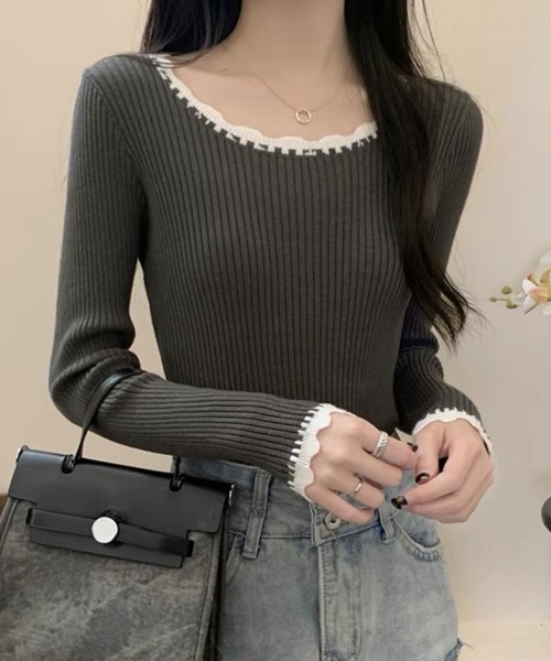 shoppinggo（ショッピングゴー）の「リブニット バイカラー 細身 きれいめ（ニット/セーター・レディース・グレー/ブラック・FREE）」の2枚目の写真