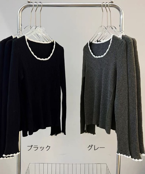 shoppinggo（ショッピングゴー）の「リブニット バイカラー 細身 きれいめ（ニット/セーター・レディース・グレー/ブラック・FREE）」の3枚目の写真
