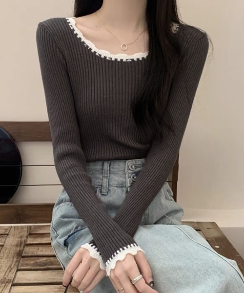 shoppinggo（ショッピングゴー）の「リブニット バイカラー 細身 きれいめ（ニット/セーター・レディース・グレー/ブラック・FREE）」の9枚目の写真