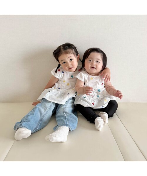 apres les cours(アプレレクール)の「【セットアップ可/ジュニア対応】3柄ティアード刺繍チュニック(Tシャツ/カットソー・キッズ・アイボリー/ピンク/ストライプ・80/90/100/110/120/130/140)」の7枚目の写真