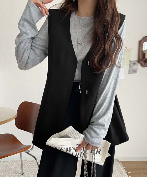 classicalelf(クラシカルエルフ)の「夏コーデを格上げ♪比翼デザイン麻調ペプラムジレベスト(ベスト・レディース・ベージュ/ブラック/チャコール/ブラウン・X-LARGE/SMALL/MEDIUM/LARGE)」の1枚目の写真