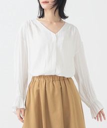 【洗える】Vネック ギャザー ブラウス(S~M)