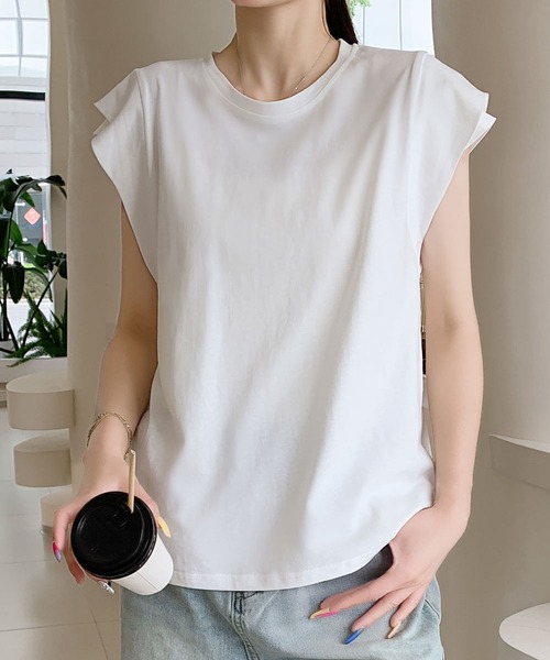 LOWO(ロワ)の「【綿100%使用】ニュアンスカラーフレンチスリーブTシャツ カットソー(Tシャツ/カットソー・レディース・ホワイト/チャコールグレー/グレー/カーキ/ブラック・FREE)」の2枚目の写真