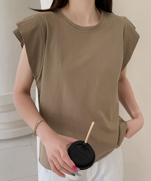 LOWO(ロワ)の「【綿100%使用】ニュアンスカラーフレンチスリーブTシャツ カットソー(Tシャツ/カットソー・レディース・ホワイト/チャコールグレー/グレー/カーキ/ブラック・FREE)」の1枚目の写真