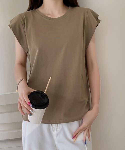 LOWO(ロワ)の「【綿100%使用】ニュアンスカラーフレンチスリーブTシャツ カットソー(Tシャツ/カットソー・レディース・ホワイト/チャコールグレー/グレー/カーキ/ブラック・FREE)」の10枚目の写真