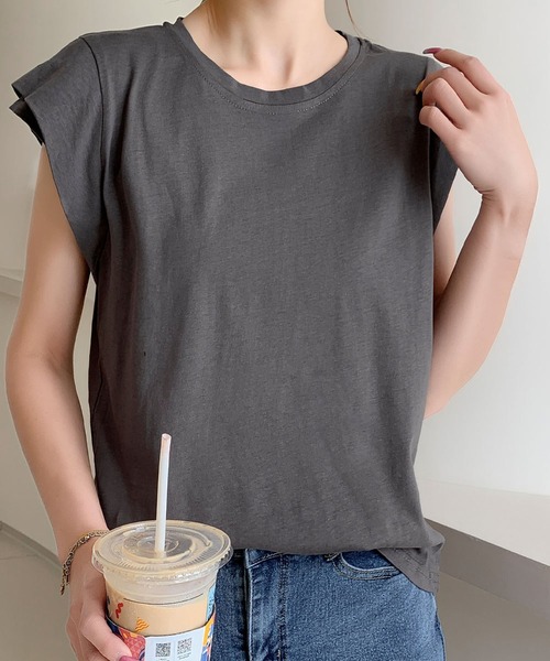 LOWO(ロワ)の「【綿100%使用】ニュアンスカラーフレンチスリーブTシャツ カットソー(Tシャツ/カットソー・レディース・ホワイト/チャコールグレー/グレー/カーキ/ブラック・FREE)」の7枚目の写真