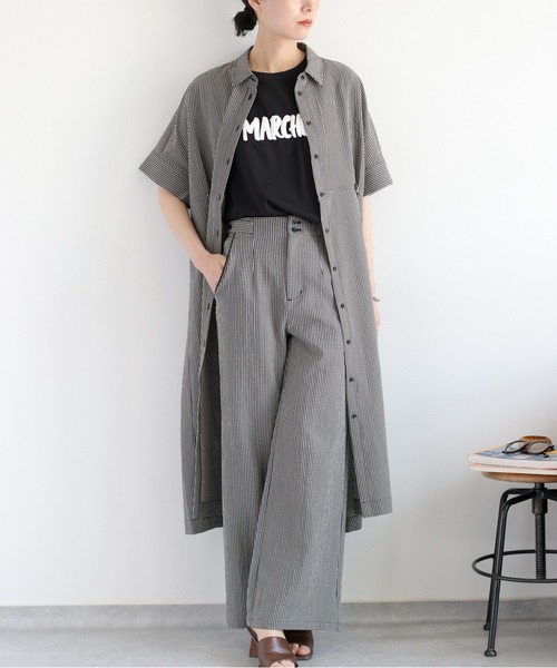 cepo（セポ）の「〈セットアップ対応〉速乾＆涼感 リサイクルポリサッカーオーバーシャツワンピース（シャツワンピース・レディース・ブラック×ホワイト/ブラック/オフホワイト・M）」の3枚目の写真