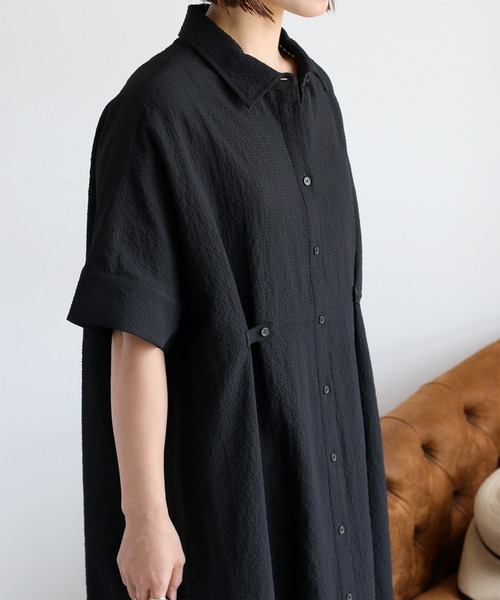 cepo（セポ）の「〈セットアップ対応〉速乾＆涼感 リサイクルポリサッカーオーバーシャツワンピース（シャツワンピース・レディース・ブラック×ホワイト/ブラック/オフホワイト・M）」の11枚目の写真