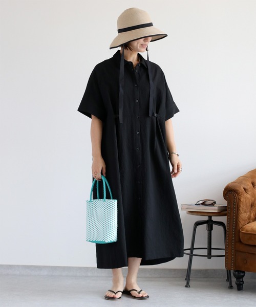 cepo（セポ）の「〈セットアップ対応〉速乾＆涼感 リサイクルポリサッカーオーバーシャツワンピース（シャツワンピース・レディース・ブラック×ホワイト/ブラック/オフホワイト・M）」の4枚目の写真