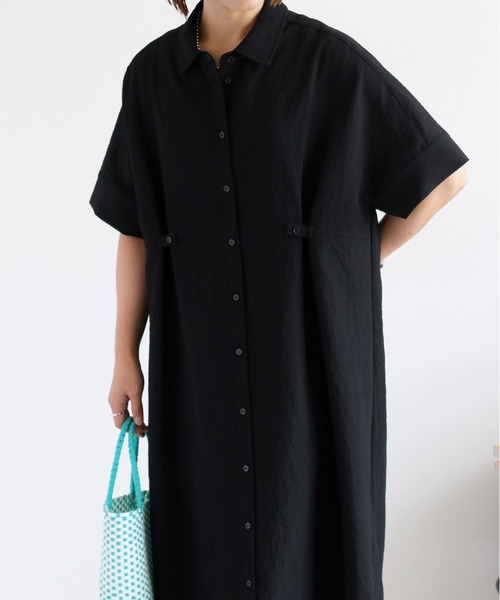 cepo（セポ）の「〈セットアップ対応〉速乾＆涼感 リサイクルポリサッカーオーバーシャツワンピース（シャツワンピース・レディース・ブラック×ホワイト/ブラック/オフホワイト・M）」の10枚目の写真