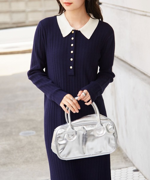 セール】【低身長サイズ追加！】リブニットポロワンピース（ワンピース