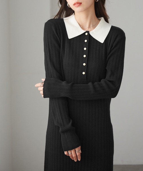 セール】【低身長サイズ追加！】リブニットポロワンピース