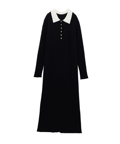 MARK&LONA ブラックポロワンピース セール】【低身長サイズ追加！】リブニットポロワンピース（ワンピース