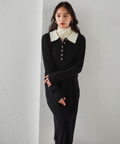 RANAN（ラナン）の「【低身長サイズ追加！】リブニットポロワンピース（ワンピース・レディース・ブラック/グレー/ボルドー/ネイビー・M/L/LL/SP）」の5枚目の写真