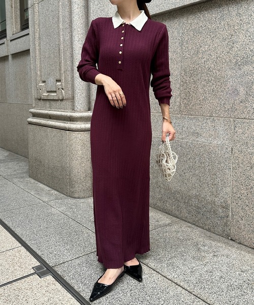 セール】【低身長サイズ追加！】リブニットポロワンピース（ワンピース