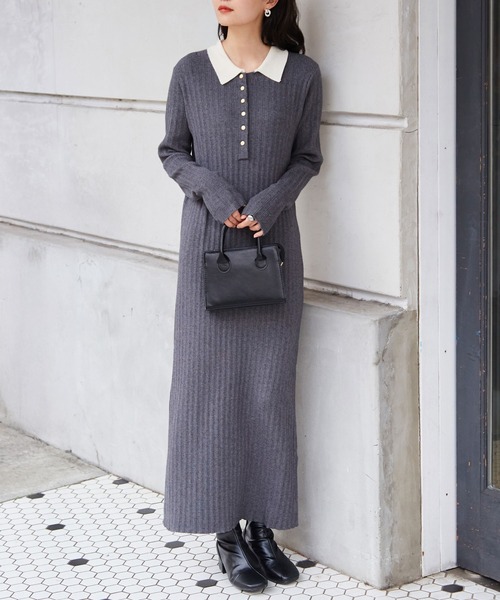 セール】【低身長サイズ追加！】リブニットポロワンピース（ワンピース