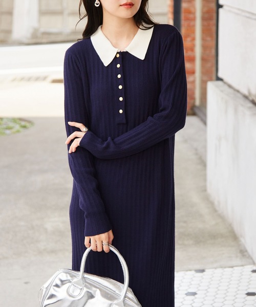 セール】【低身長サイズ追加！】リブニットポロワンピース（ワンピース