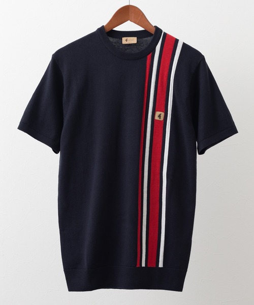 Gabicci(ガビッチ)の「Gabicci ストライプニットTシャツ(Tシャツ/カットソー・メンズ・ホワイト/ネイビー・MEDIUM/LARGE)」の2枚目の写真