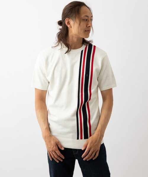 Gabicci(ガビッチ)の「Gabicci ストライプニットTシャツ(Tシャツ/カットソー・メンズ・ホワイト/ネイビー・MEDIUM/LARGE)」の1枚目の写真