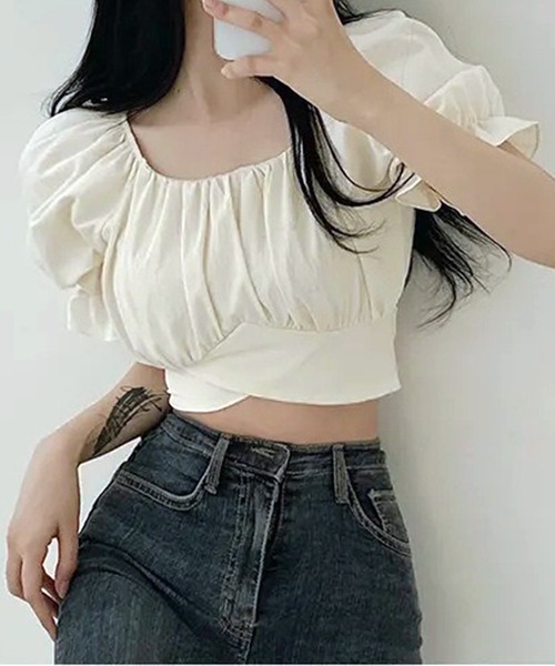 VIBGYOR（ヴィブジョー）の「[NARULA/ナルラ]パフスリーブ スクエアネック クロップド トップス(CZ)（Tシャツ/カットソー・レディース・パープル/ブルー/ピンク/ホワイト・FREE）」の9枚目の写真