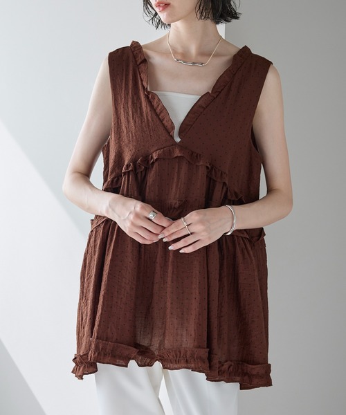 深Vネックドットプリントノースリチュニック（シャツ/ブラウス