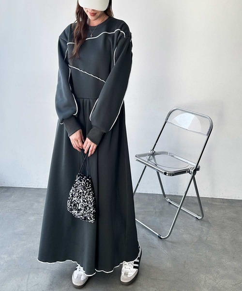 正規品♡ロゴ裏毛ワンピース♡チャコールグレー セール】《FIRSTMOODコラボ》配色メロー裏起毛スウェットワンピース