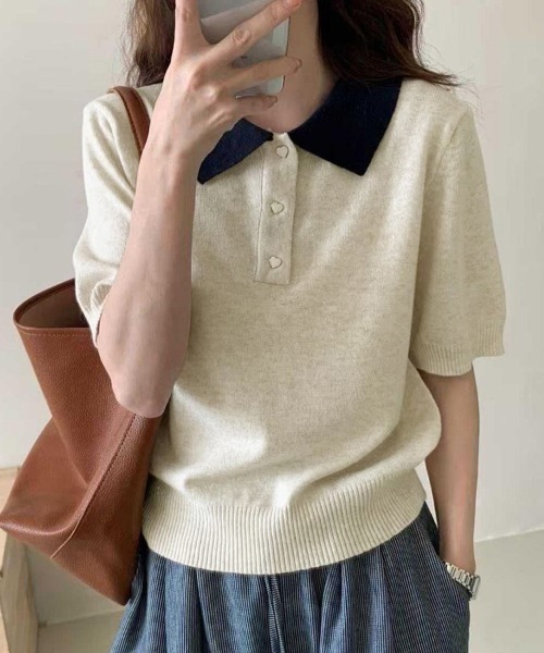 ReRe(リリ)の「ニットポロシャツ(ニット/セーター・レディース・ベージュ/ネイビー/グレー・FREE)」の2枚目の写真