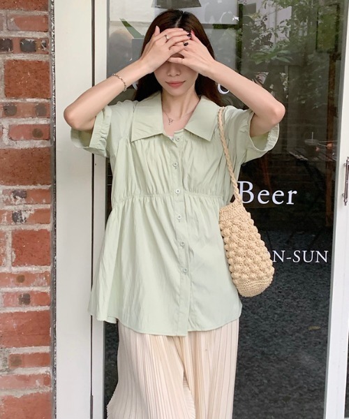 Per sist ence(パーシエンス)の「シャーリングシャツチュニック(シャツ/ブラウス・レディース・ブラック/グリーン/ピンク/イエロー・ONE SIZE)」の2枚目の写真