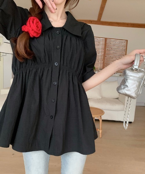 Per sist ence(パーシエンス)の「シャーリングシャツチュニック(シャツ/ブラウス・レディース・ブラック/グリーン/ピンク/イエロー・ONE SIZE)」の6枚目の写真