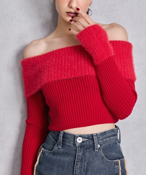 GYDA（ジェイダ）の「mix materialオフショルニットトップス（ニット/セーター・レディース・レッド/ブラック/オフホワイト・FREE）」の3枚目の写真
