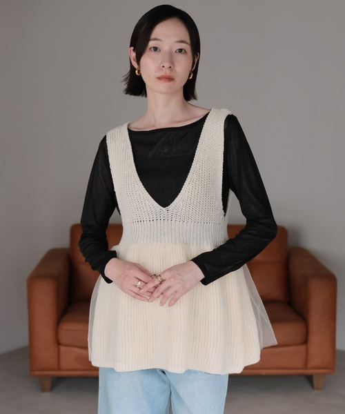 美品　完売品　tumugu 2025SS アイボリー ニットベスト 片畦ニットベスト(51795621-2025)｜ファッション通販のNY.ONLINE