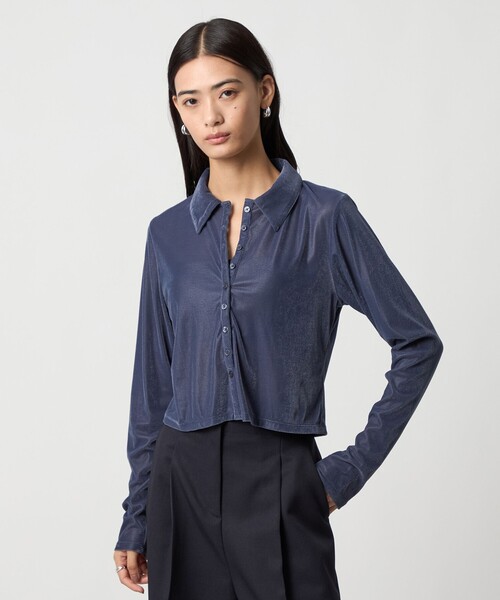 EMMEL REFINES(エメルリファインズ)の「<EMMEL REFINES>EM ベロア エリボタン ロングスリーブ(Tシャツ/カットソー・レディース・ロイヤルブルー/ダークブラウン・FREE)」の1枚目の写真