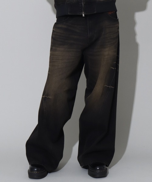 セール】【SEQUENZ/シークエンズ】OVERDYED PINCH CARVE DENIM PANTS