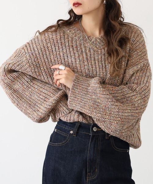 hunch(ハンチ)の「hunch ワイドショートラメ混ニット(ニット/セーター・レディース・カーキ系/ベージュ系/ネイビー系・FREE)」の1枚目の写真