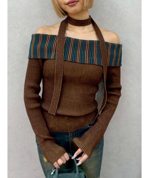 EVRIS（エヴリス）の「チョーカーSETオフショルニットトップス（ニット/セーター・レディース・グレー/レッド/ブラウン・FREE）」の9枚目の写真