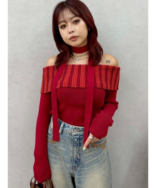 EVRIS（エヴリス）の「チョーカーSETオフショルニットトップス（ニット/セーター・レディース・グレー/レッド/ブラウン・FREE）」の18枚目の写真