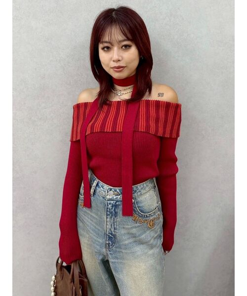 EVRIS（エヴリス）の「チョーカーSETオフショルニットトップス（ニット/セーター・レディース・グレー/レッド/ブラウン・FREE）」の19枚目の写真