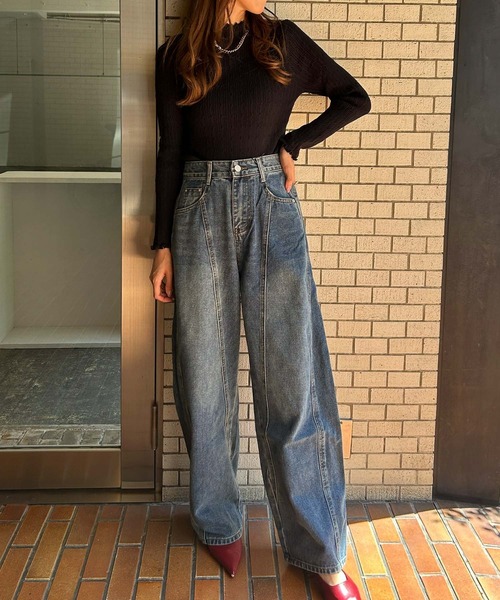 Ampirula(アンピルーラ)の「ニット 長袖 トップス 秋 秋冬 フリル ハイネック タートルネック 冬 レディース(ニット/セーター・レディース・ブラック/オフホワイト・FREE)」の8枚目の写真