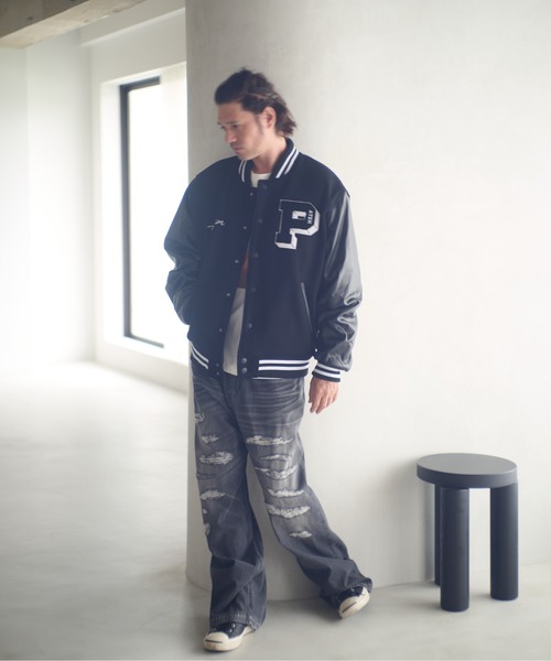 ADAM PATEK(アダムパテック)の「ADAMPATEK/leather sleeves varsity jacket/袖レザースタジャン(スタジャン・メンズ・ブラック×ホワイト/ブラック×ブラック・1/2)」の8枚目の写真