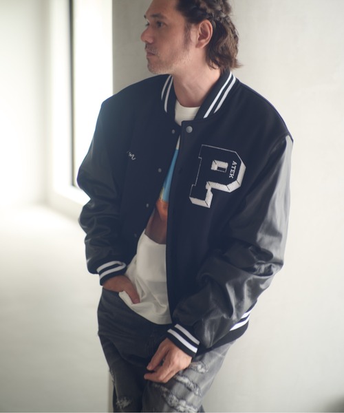 ADAM PATEK(アダムパテック)の「ADAMPATEK/leather sleeves varsity jacket/袖レザースタジャン(スタジャン・メンズ・ブラック×ホワイト/ブラック×ブラック・1/2)」の10枚目の写真