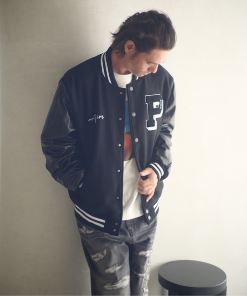 ADAM PATEK(アダムパテック)の「ADAMPATEK/leather sleeves varsity jacket/袖レザースタジャン(スタジャン・メンズ・ブラック×ホワイト/ブラック×ブラック・1/2)」の9枚目の写真