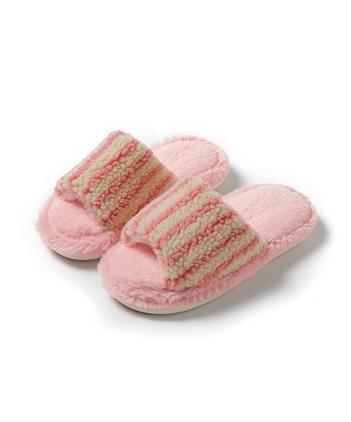 セール】オープントゥストライプ柄ファースリッパ（ルームシューズ