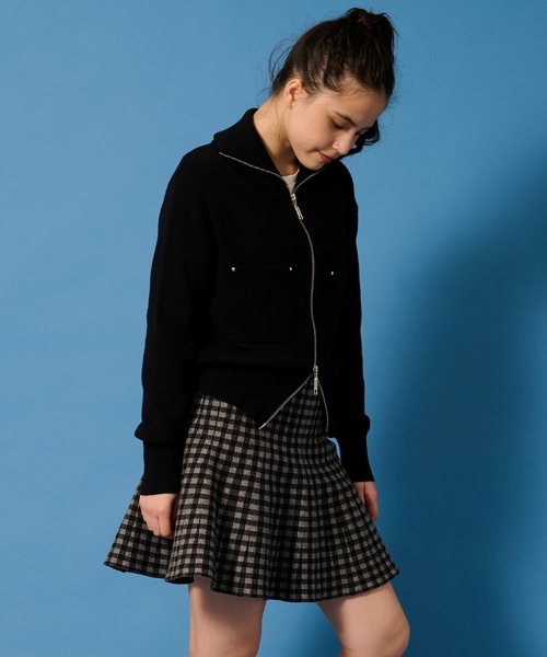 pom ponette junior ジャケット&スカートセットアップ L AMI】ダブルジップニットカーデ×チェックマーメイドスカート