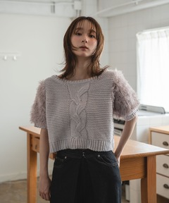 セール】faux fur sleeve cable knit / フェイクファースリーブ